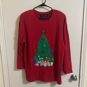 Vintage Christmas Tree Present Beaded Embroidered Long Sleeve Top